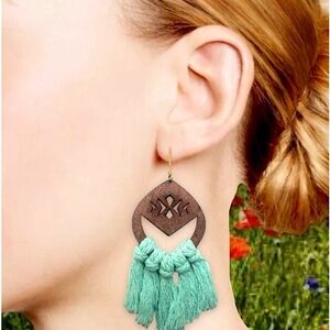 New Bohemian carved Wood safari boho aqua mint Blue knit tassel earrings